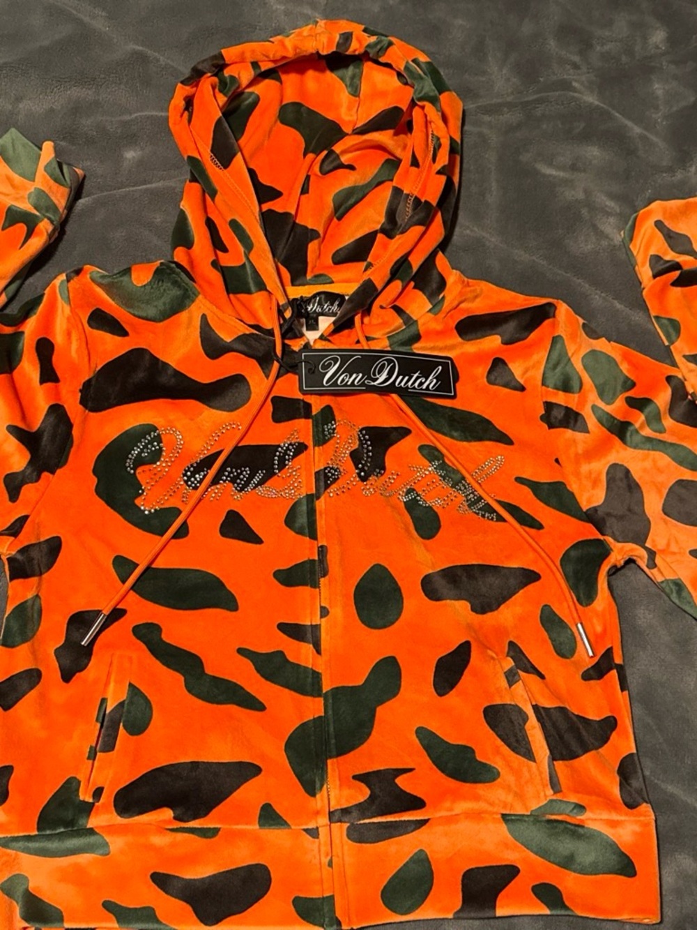 VON DUTCH Velour Camo Zip Up Hoodie Size XL